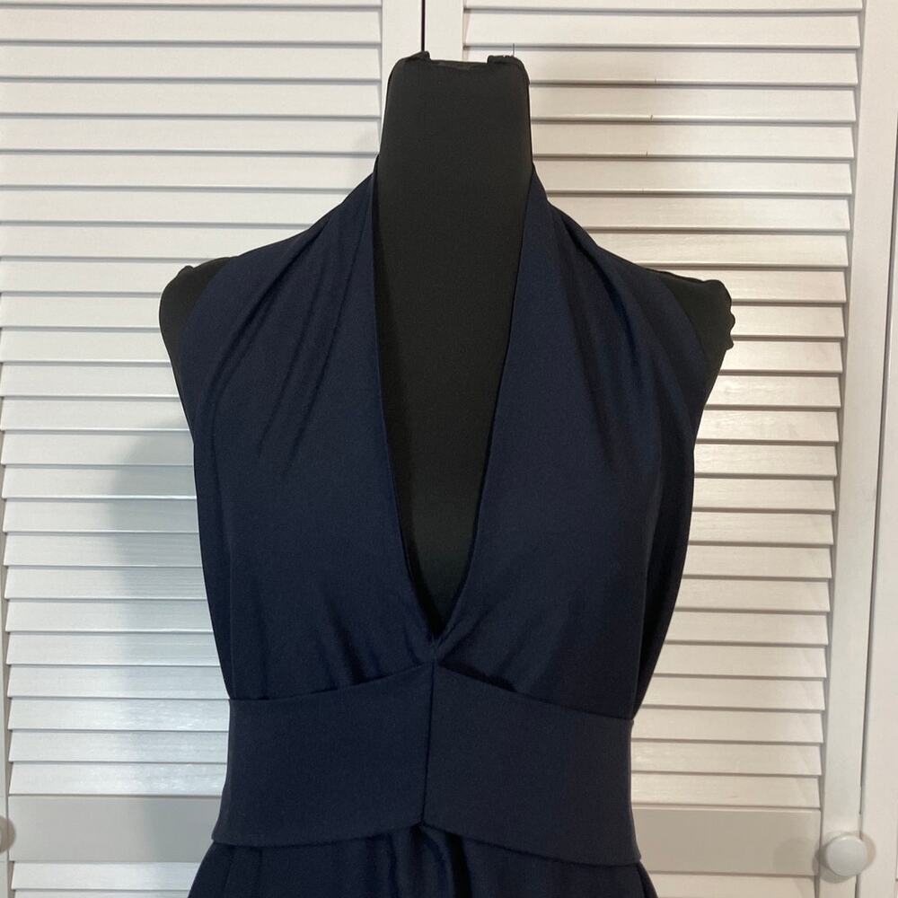 Y2K Navy Blue Empire Waist Tie Back V-neck Halter Top Maxi A-line Dress 1X